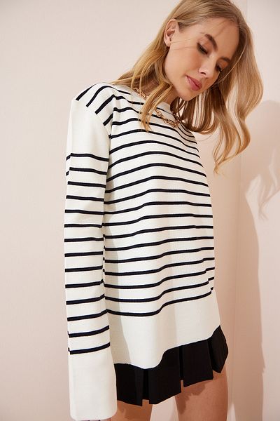 Happiness İstanbul Women's Ecru Striped Thick Knitwear Sweatshirt FN02976