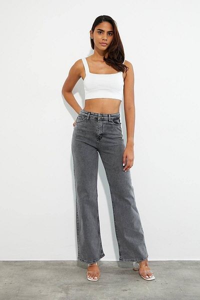 SHEVEGA Anthracite Lycra Boyfriend Snow Washing Wide Leg Jean Wide Leg Jeans