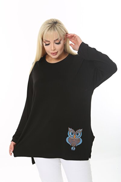 ÇİFTXL Büyük Beden Baykuş Baskılı Salaş T-shirt