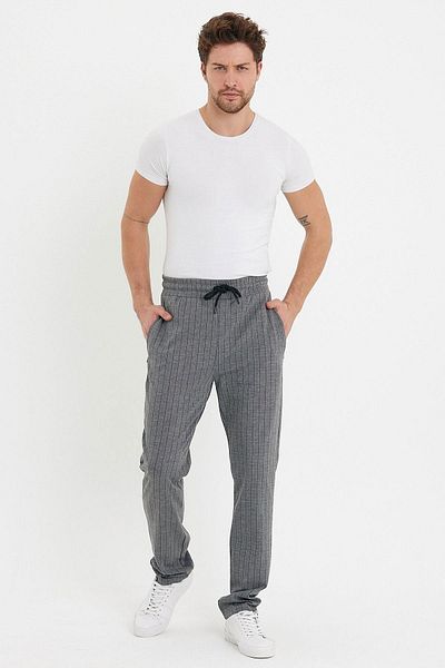 ENQUE Men's Striped Elastic Waist Chino Loose Gray Trousers