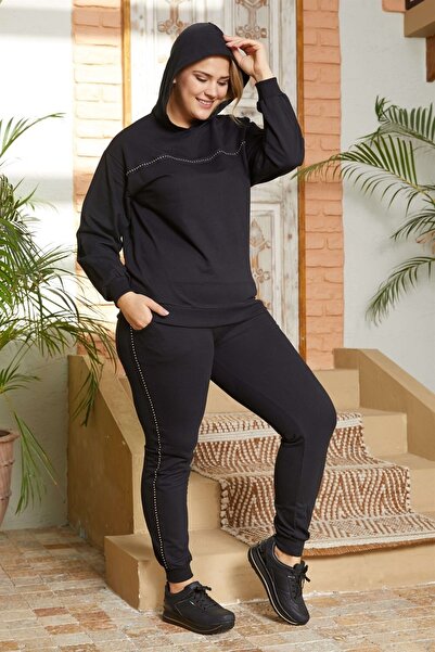 Seamoda Σετ γυναικεία φόρμα με μακριά παντελόνια με λεπτομέρεια από πέτρα σε μεγάλο μέγεθος