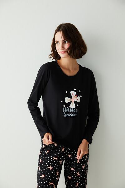Penti Siyah Holiday Season Slogan Baskılı Pijama Takımı