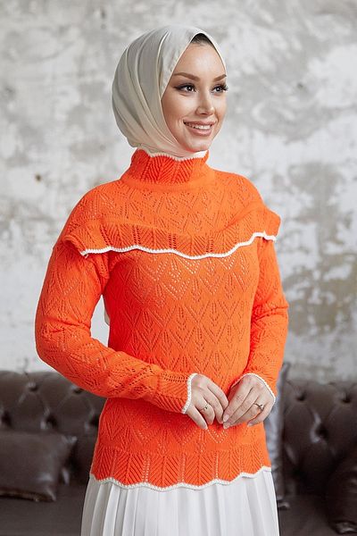 InStyle Alvi Ruffle Detailed Striped Knitwear Sweater - Orange