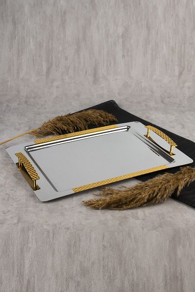 Nehir Glazed Wicker Gold 18/10 Stainless Steel Tea Coffee Serving Tray