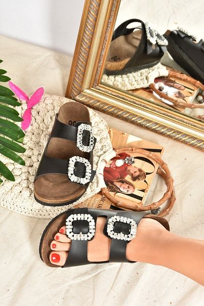 Fox Shoes Жіночі чорні капці з подвійною пряжкою K777604809