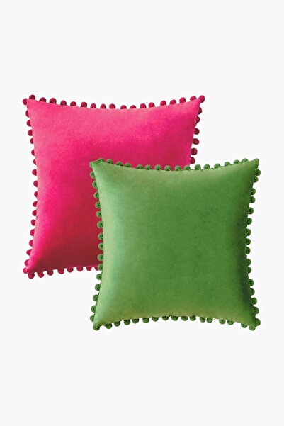 Bc Home 2-Piece Fuchsia-Pistachio Green Tiny Pompom Soft Textured Throw Pillo...