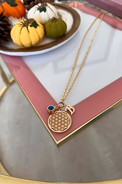 Trendy Butik Kişiye Özel B Harfli Ve Nazar Sallantılı Yaşam Çiçeği Kolye