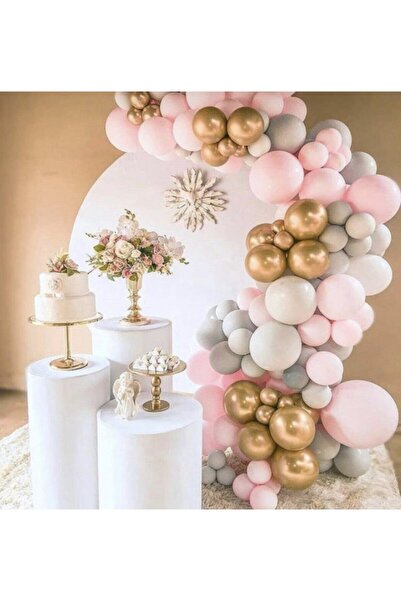 Çemrek Süs Parti Gold Chrome Pink Gray Balloon Chain Set 100 Balloon and Chain
