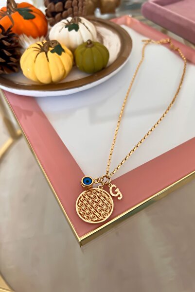 Trendy Butik Kişiye Özel G Harfli Ve Nazar Sallantılı Yaşam Çiçeği Kolye