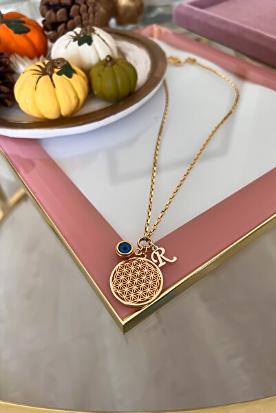 Trendy Butik Kişiye Özel R Harfli Ve Nazar Sallantılı Yaşam Çiçeği Kolye