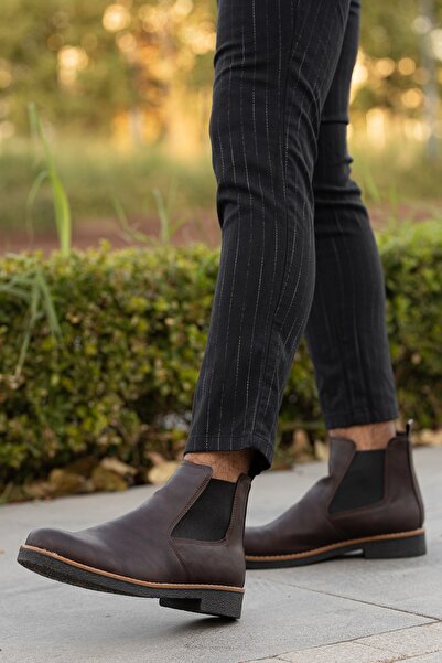 BOUIS Men's Brown Classic Elastic Chelsea Faux Leather Stylish Comfortable Winter Boots