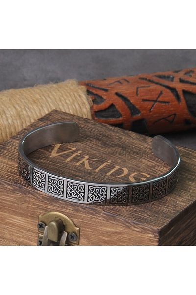 Viking Scandinavian Nordic Patterned Clamp Open Style Men's 316l Steel Bracelet