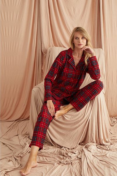Belza İç Giyim Pijamoni Women's Plaid Buttoned Claret Red Winter Pajama Set