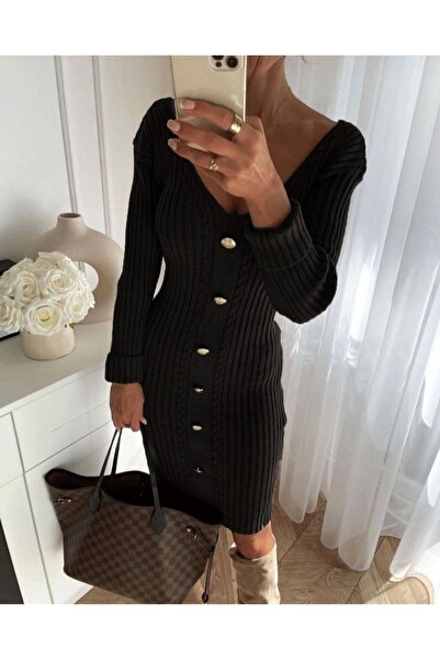 Azra Moda Style Rochie lungă din tricot cu nasturi pentru femei