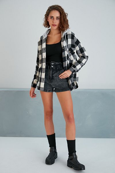 Pikka Online Cămașă jachetă oversize Lumberjack alb-negru pentru femei