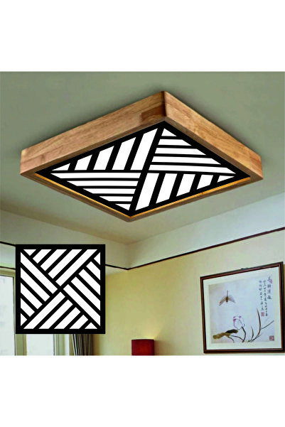 Dekor olsun Ahşap Çerçeve Tavan Led Aydınlatma Avize 60*60 Cm Siyah Desen Bey...