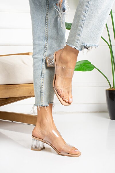 Allyup Μπεζ παντόφλες με διαφανή ταινία λεπτομέρεια γόβες με αγκράφα Γυναικεία παπούτσια casual Μαύρο και άσπρο σανδάλια