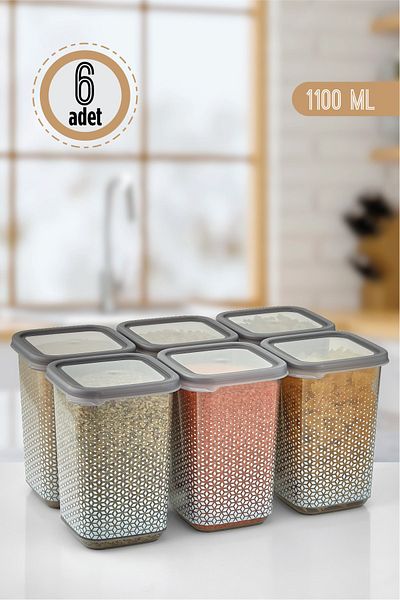 ASlife Home 6-Piece Patterned Square Storage Container with Labels Food Container Jar 1100 ml
