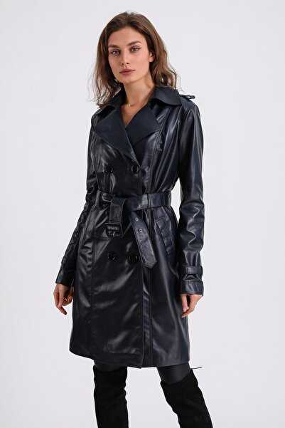 Leather Club Lacivert Kuzu Derisi Trench Kaban
