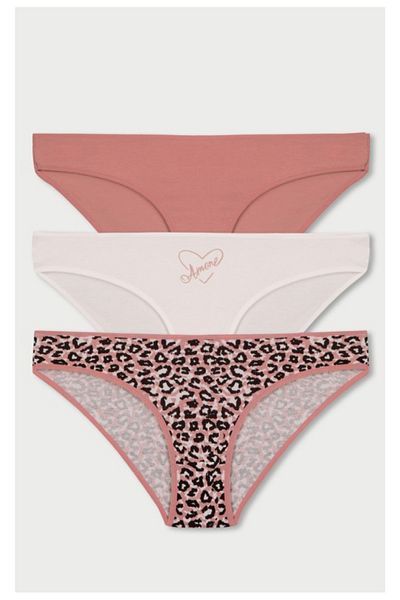 Dominant Bikini Panties Women's 3 Pack Leopard Patterned Ecru Earth Color