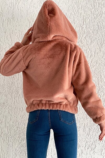 FEMELLE Γυναικείο βελούδινο γούνινο παλτό με κουκούλα με φερμουάρ