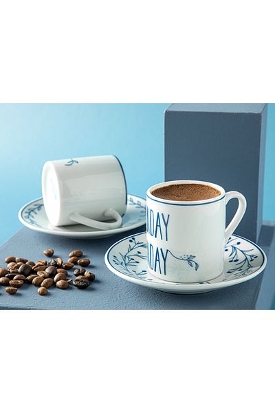 English Home Happy Sunday Porcelain 4 Pieces Coffee Cup Set for 2 People 80 ml Dark Blue