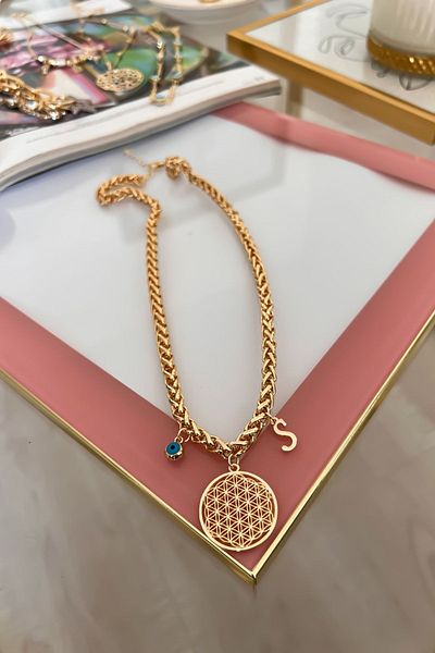 Trendy Butik سلسلة سميكة متماسكة نموذج S حرف وعين الشر المعلقة زهرة الحياة