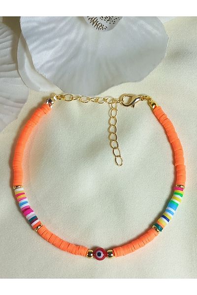 İPAR AKSESUAR Orange Fimo Beaded Evil Eye Anklet.