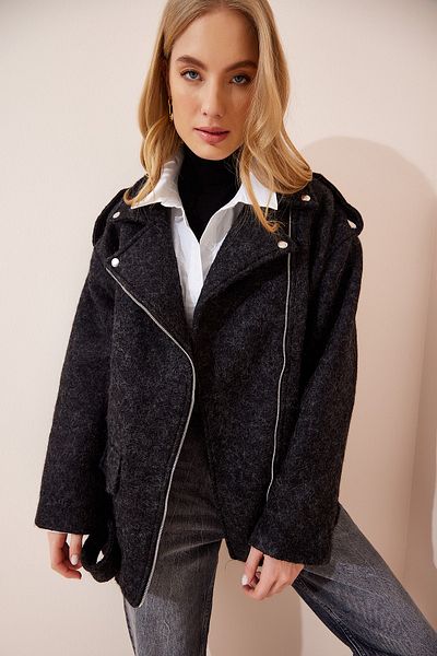 Happiness İstanbul Anthrazitfarbener dicker Oversize-Bikermantel aus Wolle für Damen FN02978