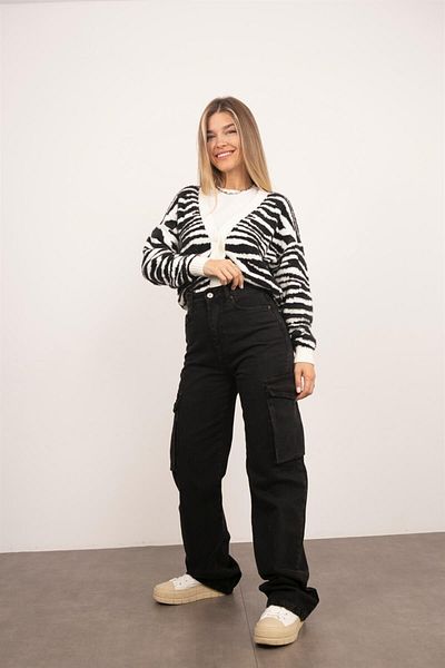LİMABEL Black High Waist Wide Leg Cargo Jeans Black Cargo Pocket Palazzo
