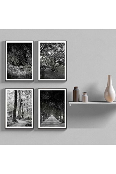 Dijital360 Siyah Beyaz Yol Ve Ağaç Temalı Ahşap-mdf Poster (4 Adet 20x30 Cm)