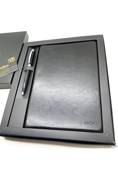Scrikss Isme Özel Deri Defter Hediye Seti Md-533 Siyah | A5 Deri Defter + Touch Kalem | Kalem |