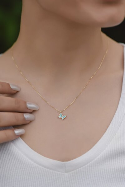 Ayyıldız Kuyumculuk Kadın Mavi Mineli Altın Kelebek Kolye