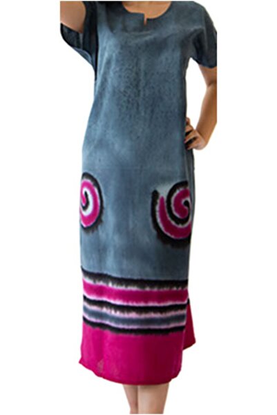 eLm Otantik Etnik Büyük Bedenli Pamuklu Batik Klasik Kısa Kollu Elbise