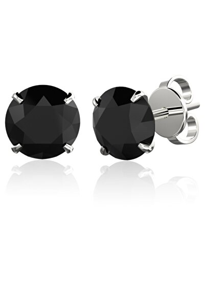 Jewelry For Light , 925 Ayar Gümüş, 8mm, Siyah Yuvarlak Kesim , Tektaş, Zirkon, Pimli Küpe