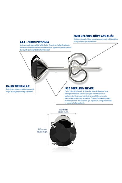 Jewelry For Light , 925 Ayar Gümüş, 8mm, Siyah Yuvarlak Kesim , Tektaş, Zirkon, Pimli Küpe