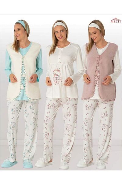 Mecit 1906 Pregnancy Maternity Pajamas 3-Piece Set with Fleece Vest
