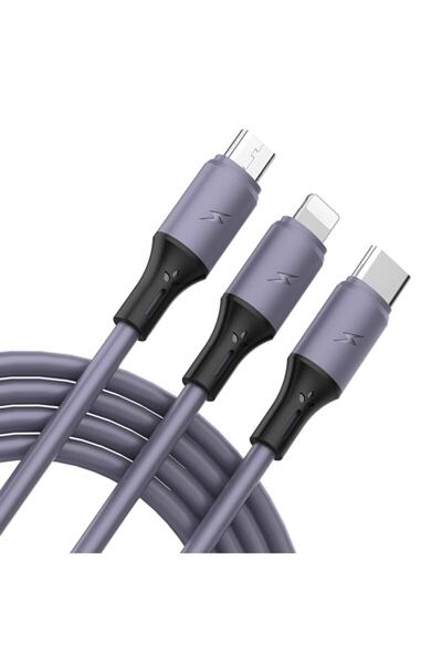 Mars 1.2 Metre Mor 3 Uçlu (micro Usb, Type-c, Iphone) Hızlı Şarj Ve Data Kablosu