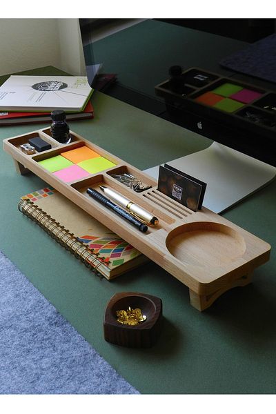 Fagus Wood Office Gift Business Card Holder-Pen Holder-Phone Etc. It Has Areas Where You Can Put Office Supplies