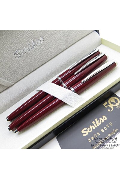Scrikss 33 3'lü Set Bordo | Dolma Kalem + Roller Kalem + Tükenmez Kalem Set | Vintage | Hediye Kalem