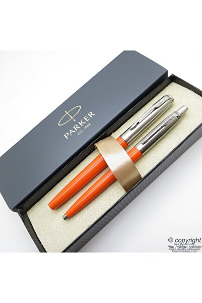 Parker Jotter Original Turuncu Dolma Kalem + Tükenmez Kalem Set | Isme Özel K...
