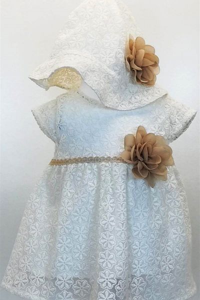Capps Ecru Baby Girl Lace Dress and Hat Set