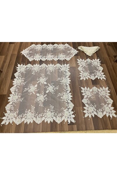 Selvim Home Kırık Beyaz Firuze Model Kordonlu Ağır Boncuklu 16 Parça Salon Ta...