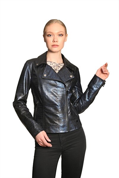 DIO GOMEZ by DERMA Kadın Ceket Mini Timsah Baskılı Mavi Sedefli Kruvaze Fermu...