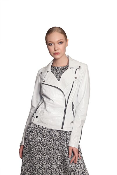 DIO GOMEZ by DERMA Gerçek Deri Bayan Ceket Timsah Baskılı Kruvaze Fermuarlı H...