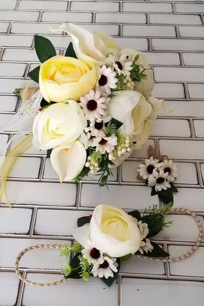 Yapay Çiçek Deposu Gelin Buketi Dios Beyaz Gül Sarı Şakayık Va Papatyalar Kok...