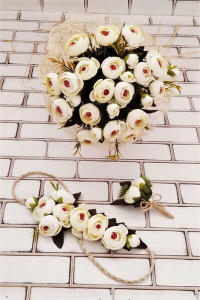 Yapay Çiçek Deposu Gelin Buketi Zeugma Krem Şakayık Güller 3lü Set (Gelin Buk...