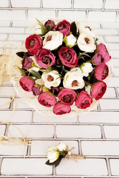 Yapay Çiçek Deposu Gelin Buketi Menefer Bordo - Beyaz Şakayıklar 2li Set Beyaz