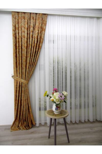 Ran Perde Kiremit Jakar Desenli Fon Perde - Pileli Dikim