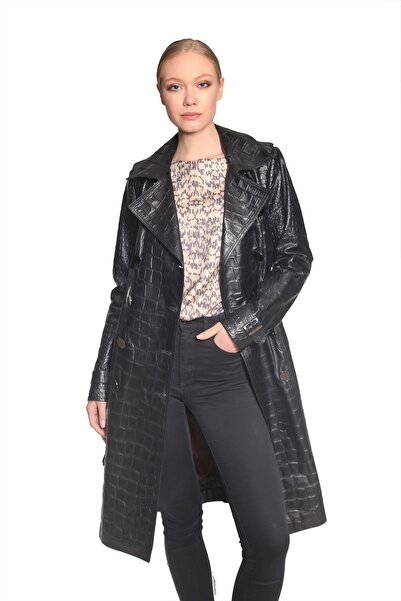 DIO GOMEZ by DERMA Gerçek Kuzu Deri Timsah Baskı Kadın Kruvaze Kaban Düğmeli ...